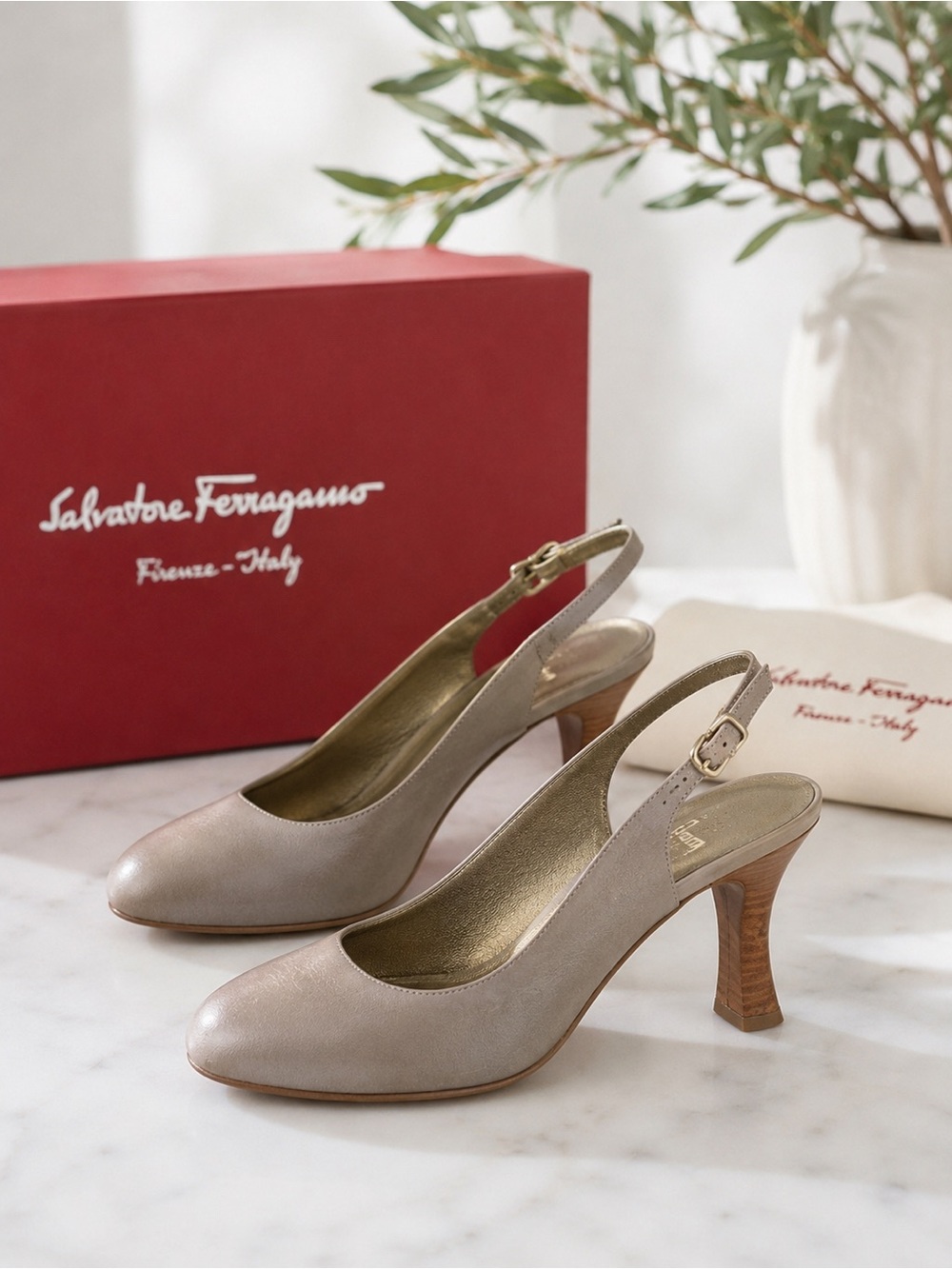 Salvatore Ferragamo Slingback Heels Distinctive, Flared Wooden Stiletto Metallic